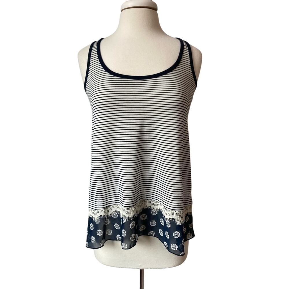 Maison Jules NWT Nautical Navy‎ Stripe Floral Lace Tank Top Women's S Boho Beach
